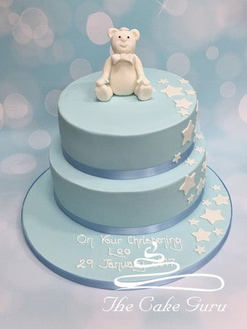 White Teddy and Stars Christening Cake