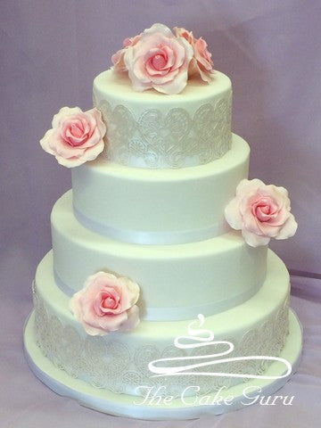 Pink Rose and Pearl Lace Wedding Cake