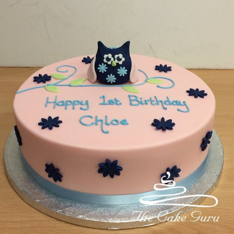 Navy and Pink Baby Owl Cake