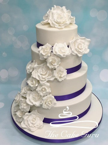 Rose Cascade with Purple Banding Wedding Cake