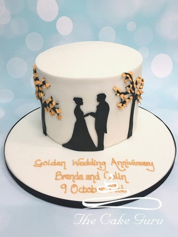 Golden Trees with Silhouetted Couple Anniversary Cake