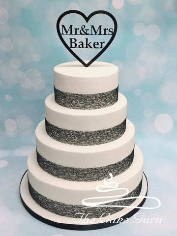 Monochrome Personalised Heart Wedding Cake