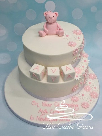Pink Teddy and Blossoms Christening Cake
