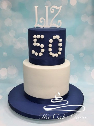 Navy and White Mini Roses Birthday Cake