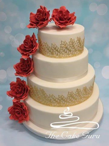 Deep Orange Roses Wedding Cake
