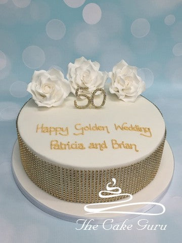 Rose Trio and Diamante Golden Wedding Cake