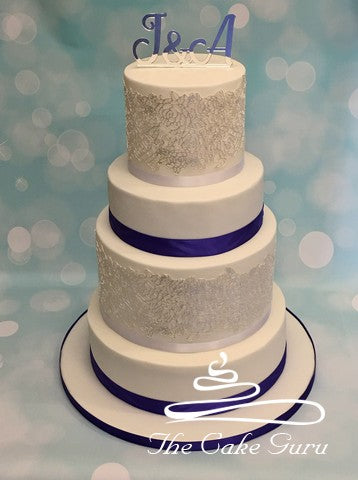 Silver Lace Monogram Wedding Cake