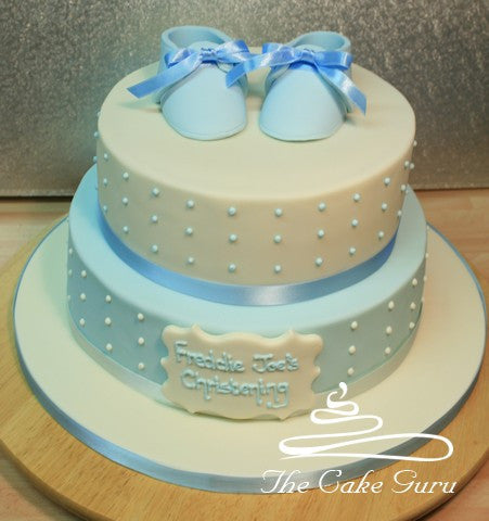 Baby Booties Blue and Ivory Christening Cake