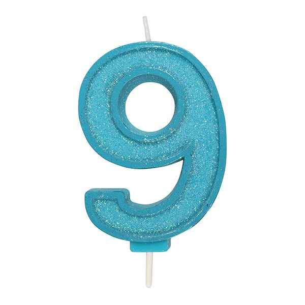 Blue Sparkle Numeral Candle - Number 9