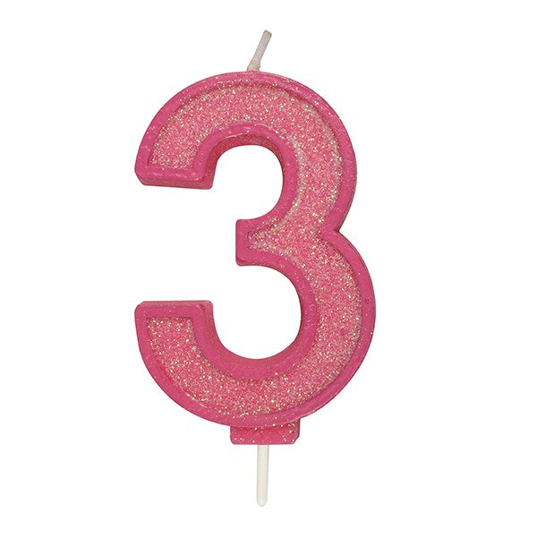 Pink Sparkle Numeral Candle - Number 3