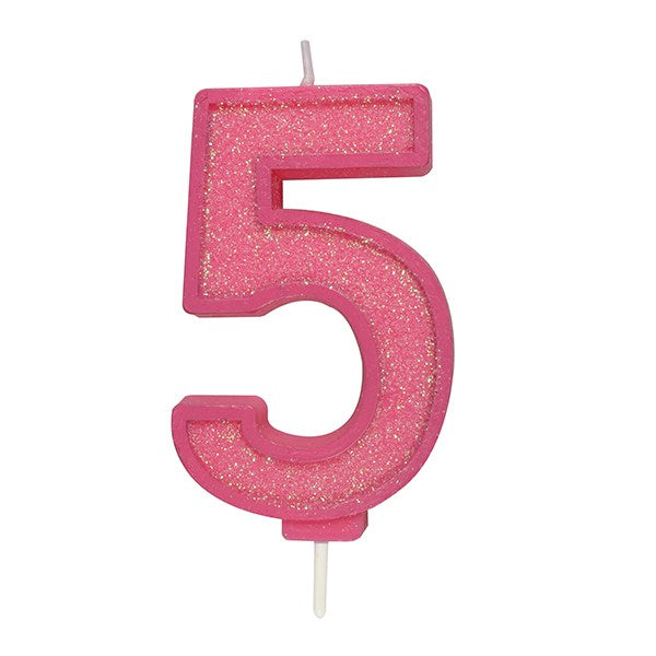 Pink Sparkle Numeral Candle - Number 5