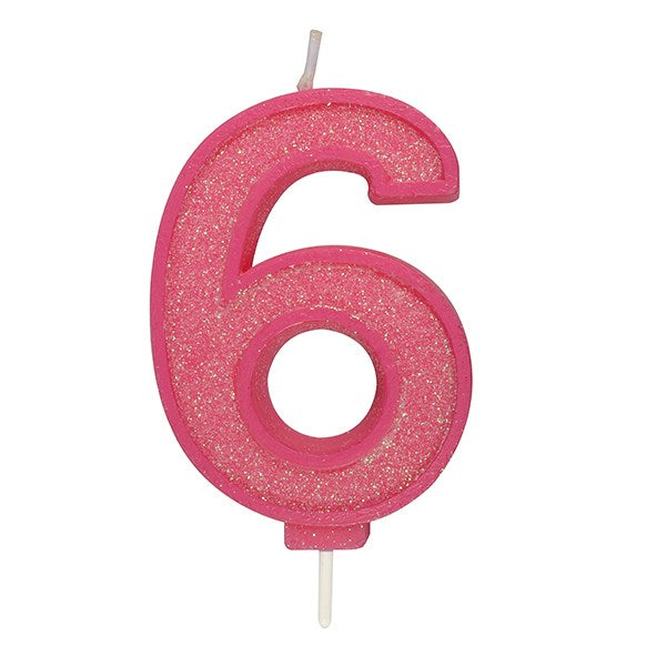 Pink Sparkle Numeral Candle - Number 6