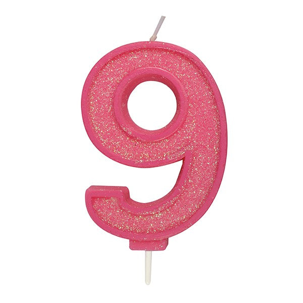 Pink Sparkle Numeral Candle - Number 9